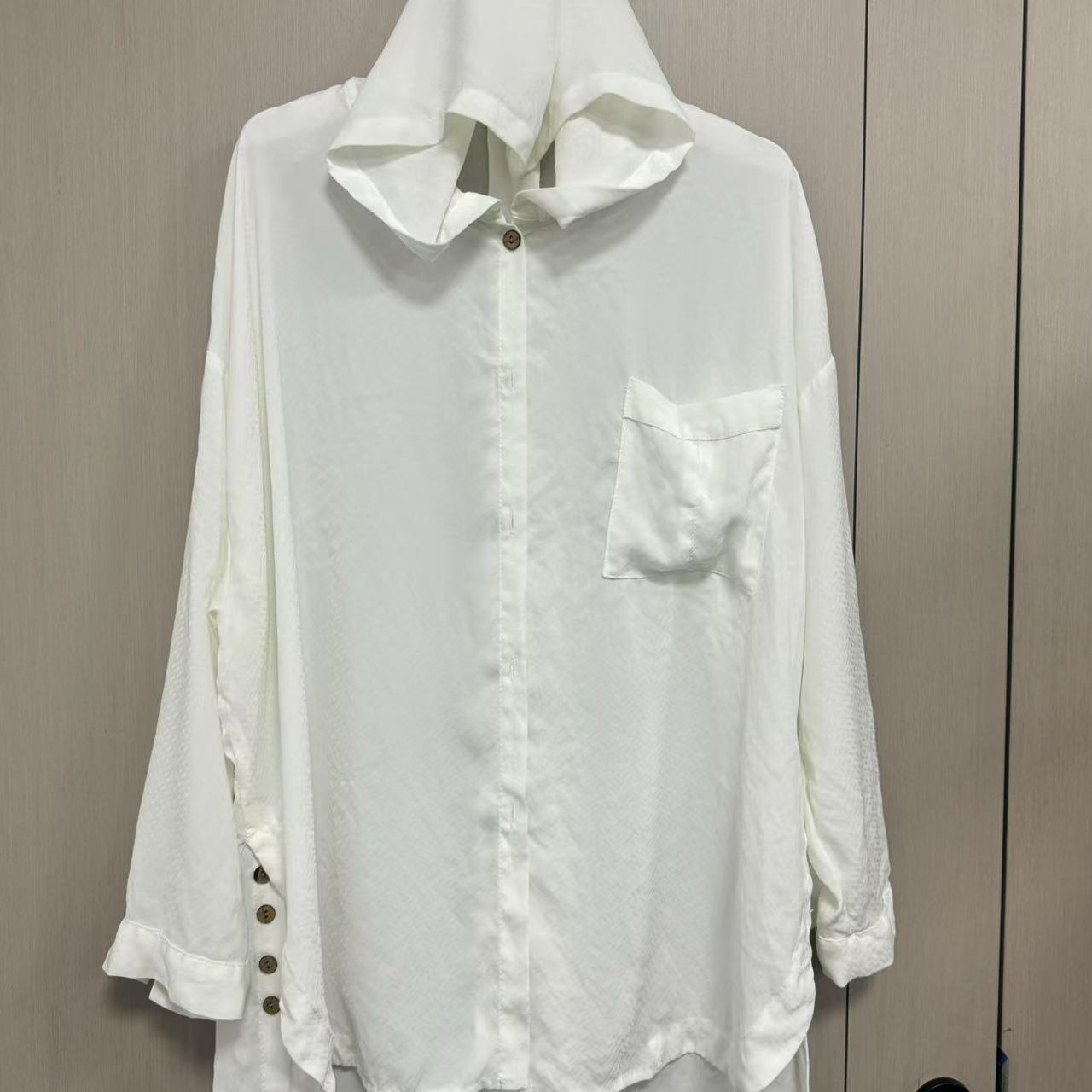 【沐木流浪记】白色薄款连帽单口袋百搭衬衫Z
