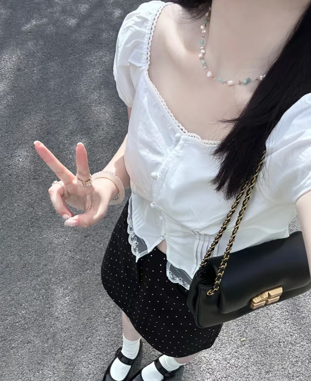 301-500百搭时尚泡泡袖夏季短袖白色蕾丝花边领衬衫