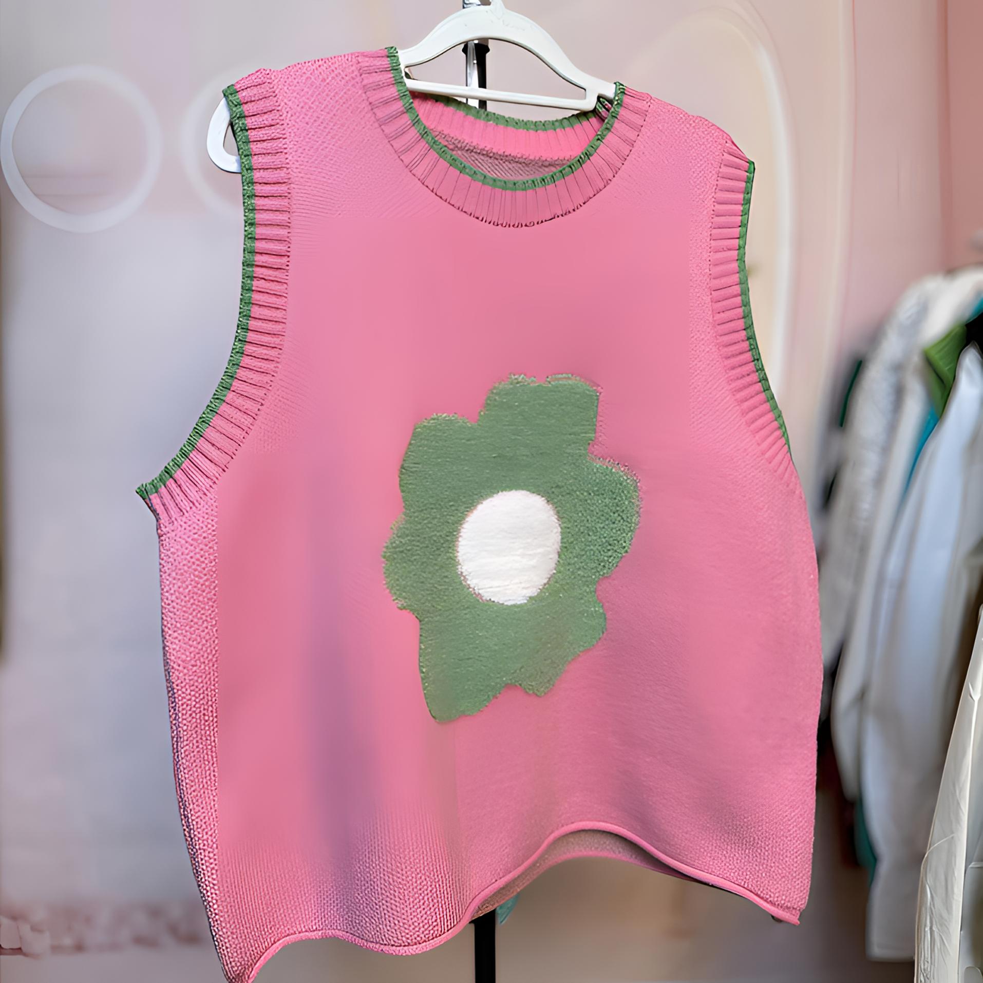 小花朵春秋女士马夹网红洋气学院风马甲百搭复古针织背心毛衣女款