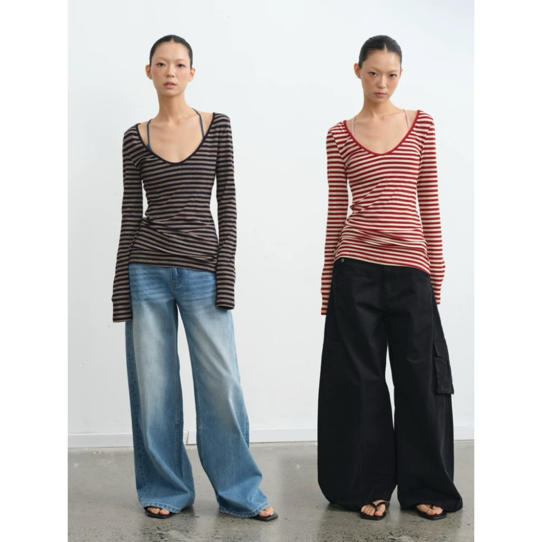 LINY LIBERTY 25AW 复古设计感条纹修身V领长袖T恤W16259006-条