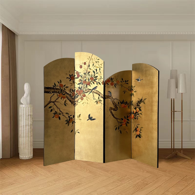 A63新中式金箔手绘柿柿如意折屏落地屏风180*50cm*4片