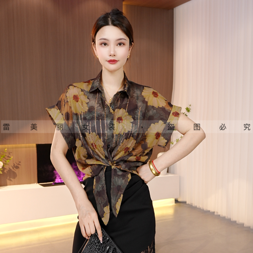 [美丽自制]新款夏装韩版休闲宽松绑带短款衬衫短袖衬衣碎花小衫