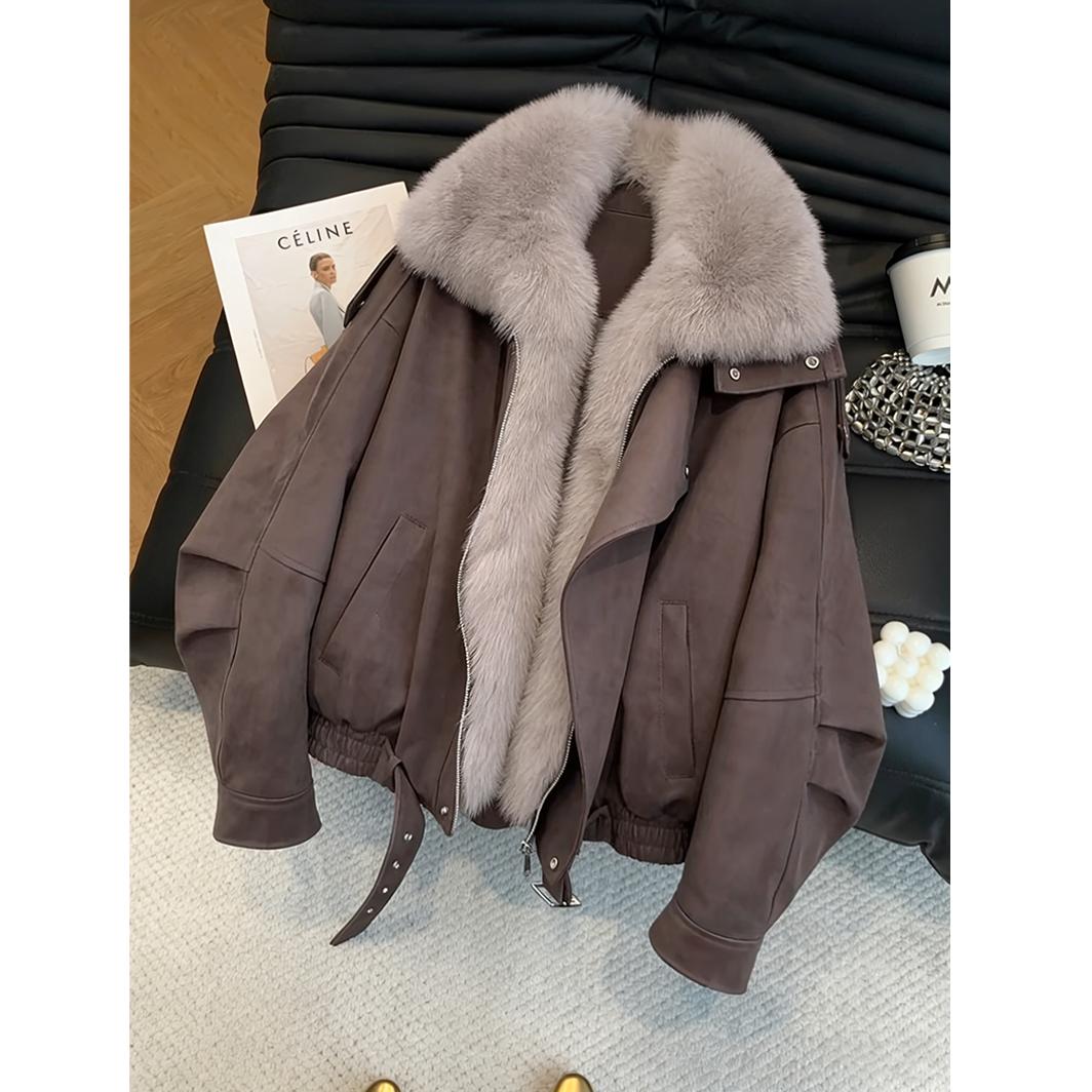 咖色复古工装大毛领派克服女春季新款韩版高级感宽松加厚棉服外套