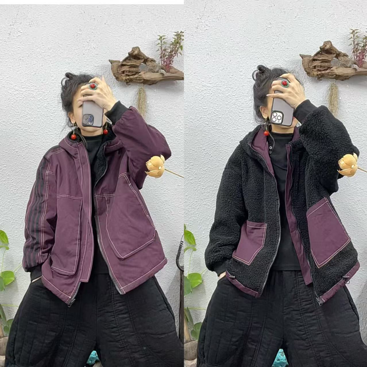 8558加绒帽衫袖子拼条可两面穿拉链外套（长66胸围138