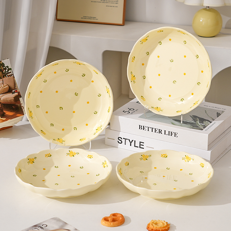 【2个/4个装】8英寸深盘奶油风琉璃花家用釉下彩盘深盘鱼盘水果盘