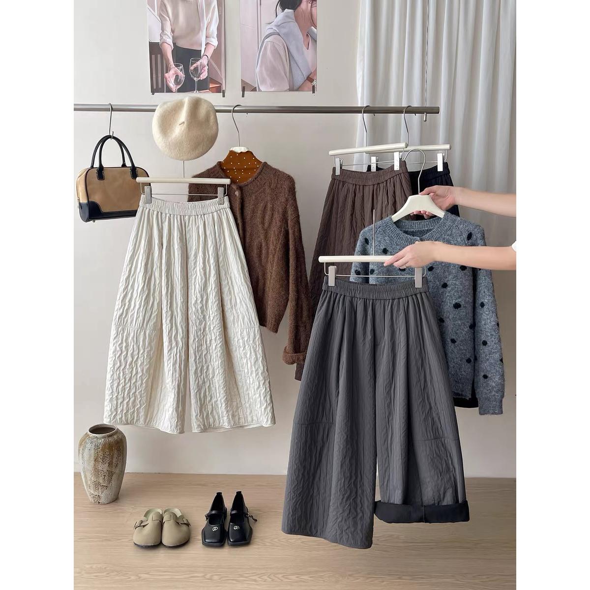 韩系加绒加厚夹棉阔腿九分裙裤女冬季宽松显瘦保暖休闲气球裤