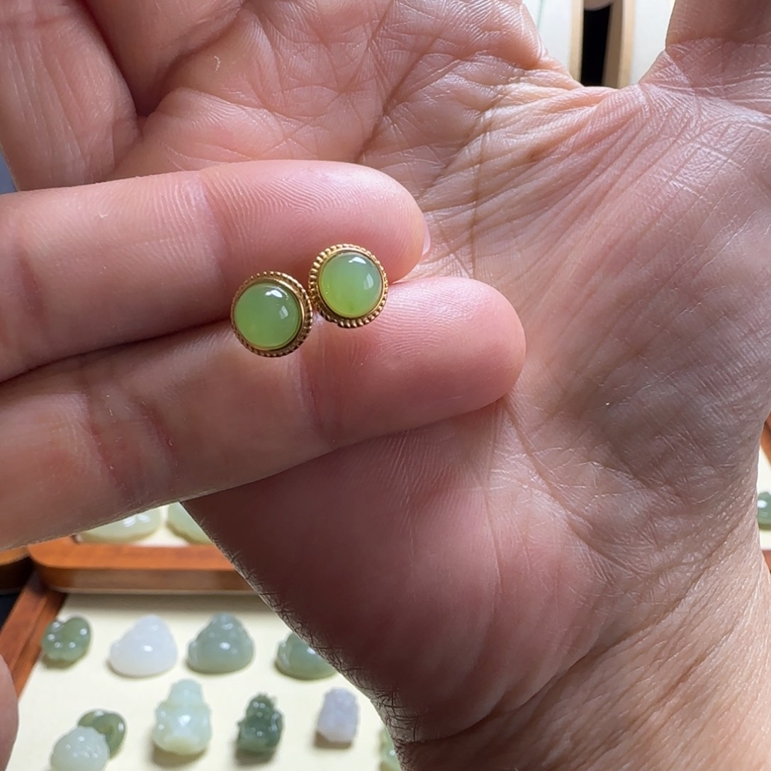 和田玉耳饰银S925镀金镶嵌