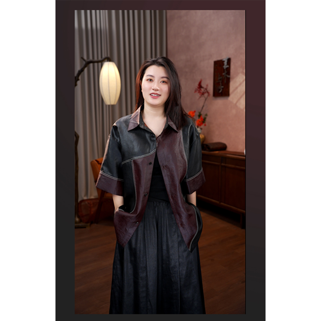 莨木与纱-香云纱素平缎短袖外套