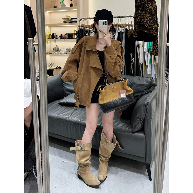 复古咖色美拉德麂皮机车服外套女宽松2025秋冬新款工装皮夹克上衣