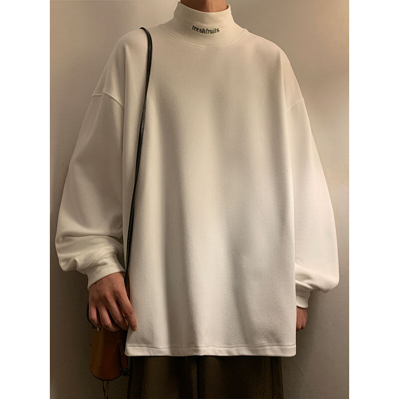 99381港风潮牌冬季保暖百搭德绒刺绣字母多色高领长袖打底t恤男