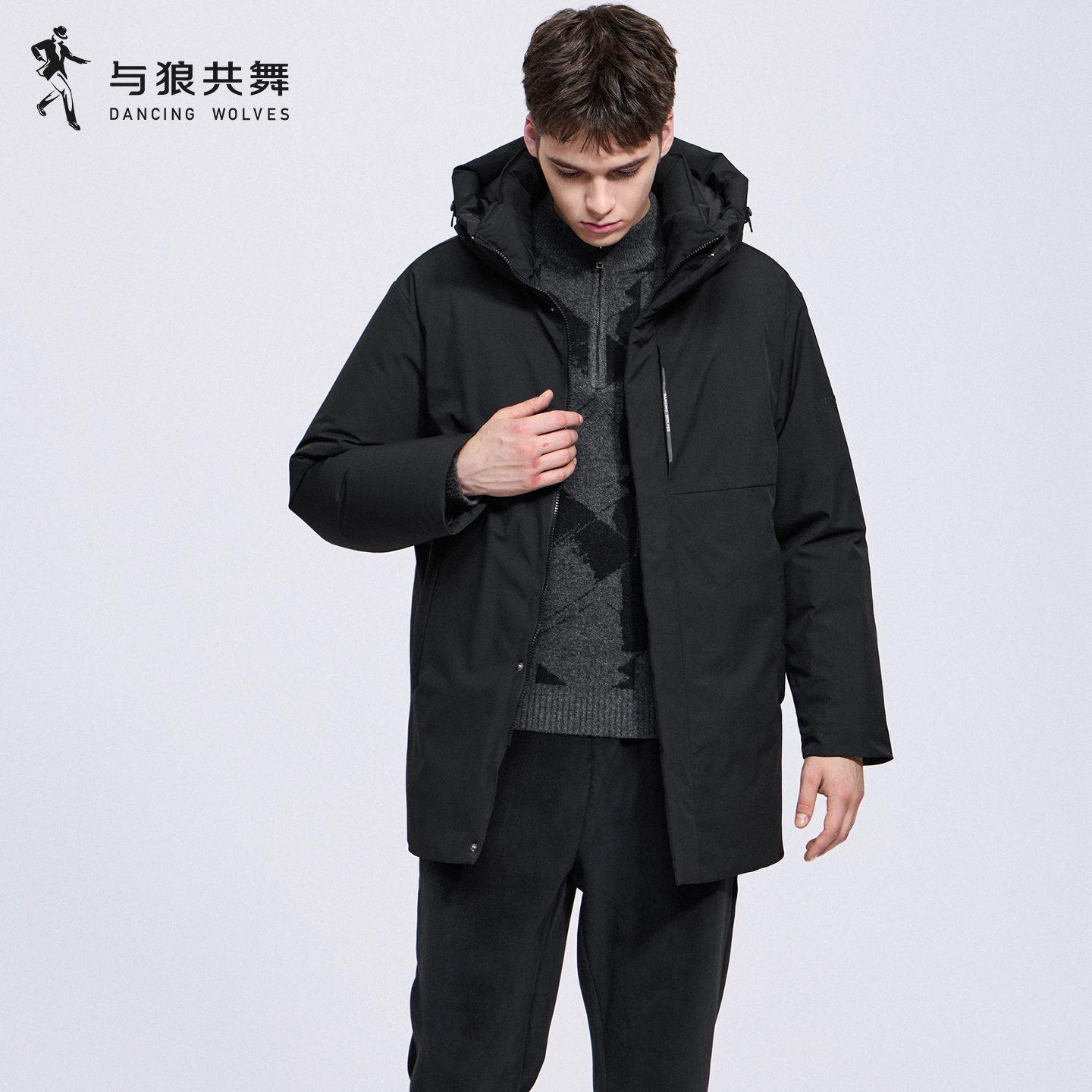与狼共舞连帽中长款羽绒服男士2025冬季新款防风保暖通勤休闲外套