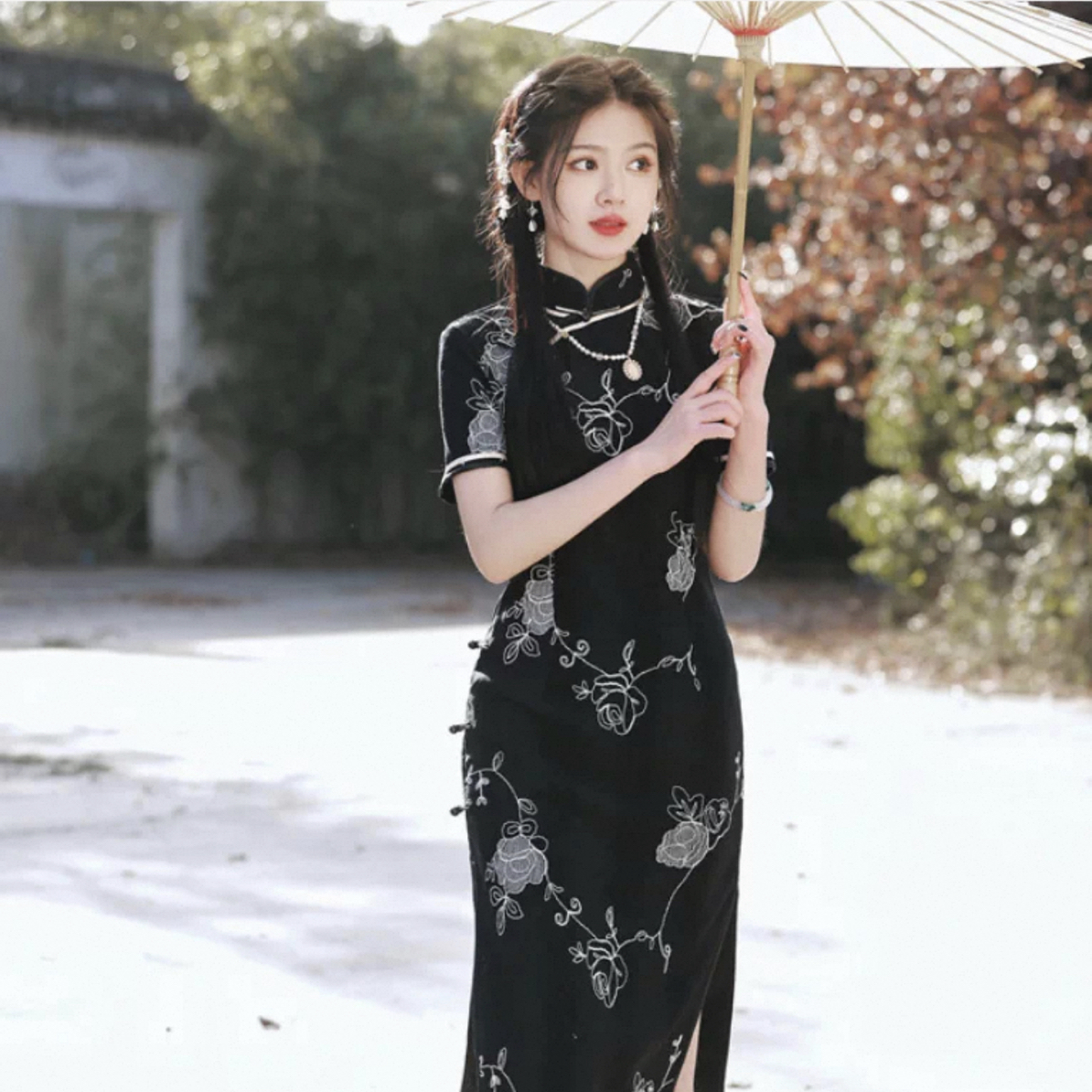 【2972 绣花玫瑰 黑色】显瘦气质修身优雅复古中国风旗袍