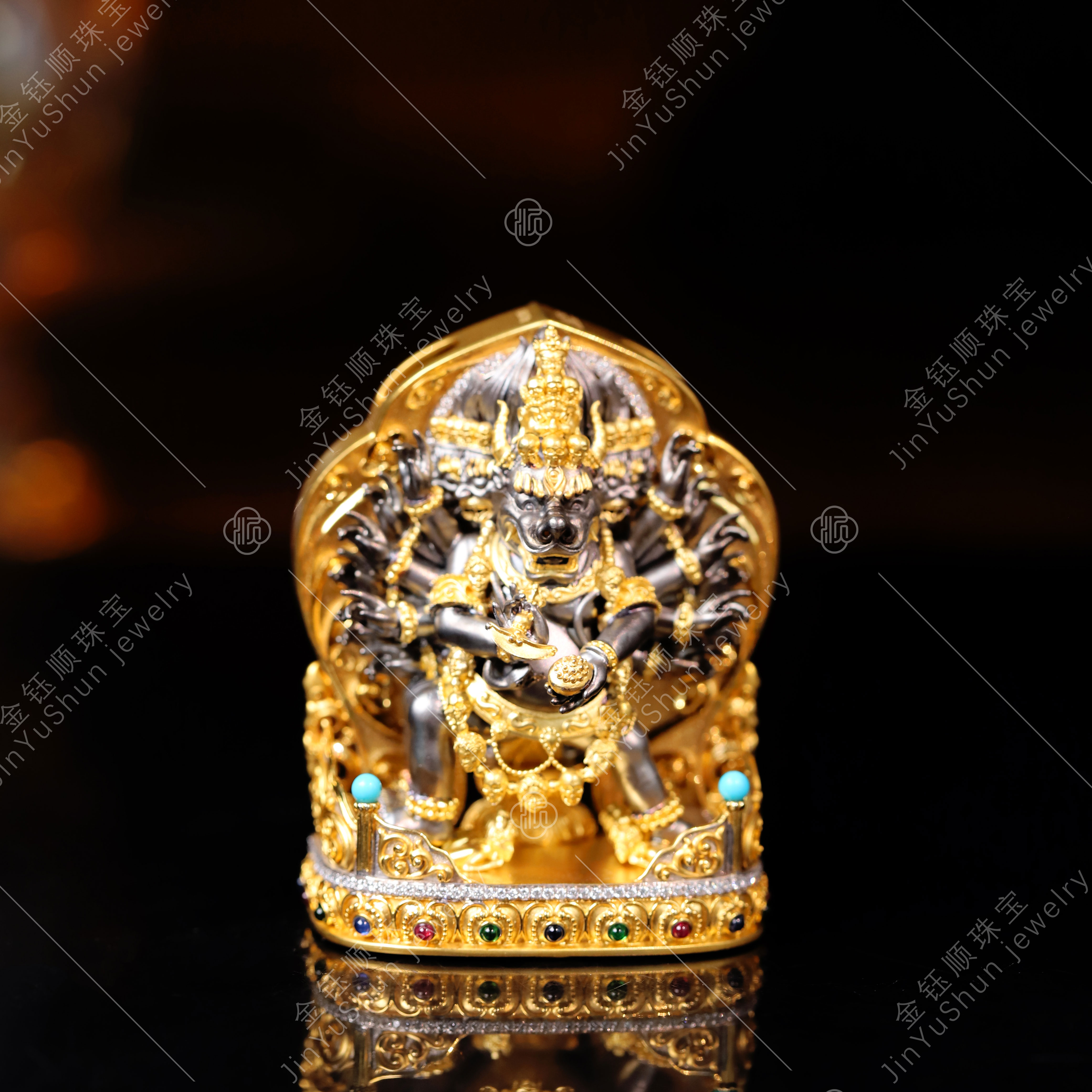 金钰顺珠宝藏传大威德金刚K黄金随身佛小摆件18K金镶嵌吊坠守护神