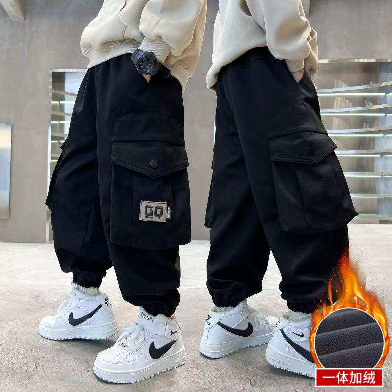 （一体加绒）2025春秋款新款中大童宽松休闲立体兜工装裤男童加绒