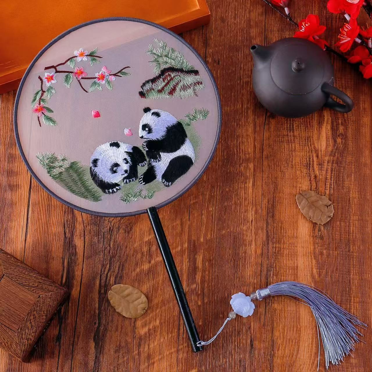 【桃花熊猫89】双面苏绣团扇古风刺绣扇子