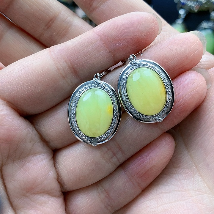 琥珀裸石银S925镶嵌耳坠