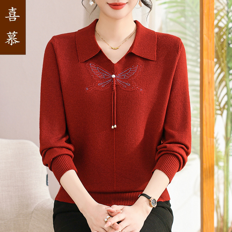 中年妈妈秋装针织衫洋气高贵新中式上衣加肥加大码女装翻领针织衫