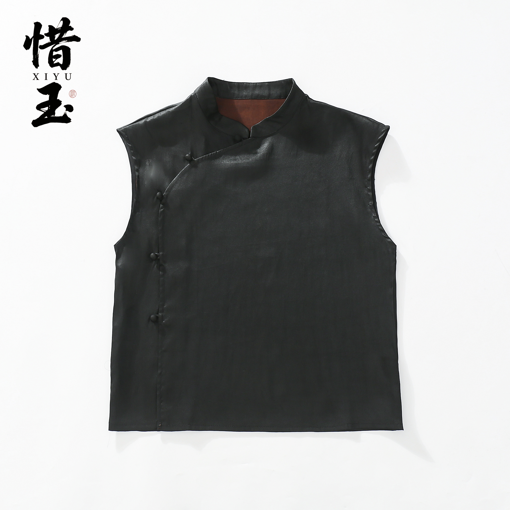 【惜玉】100%桑蚕丝素绉缎香云纱奥戴斜襟马夹中式马甲唐装上衣短款