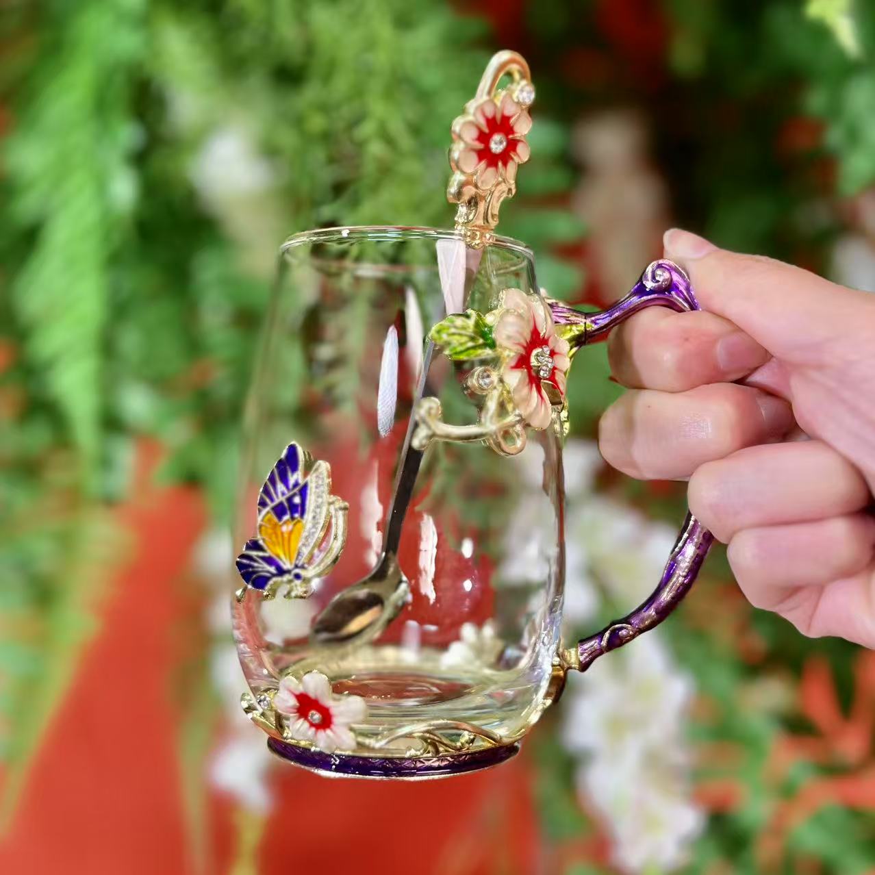 紫色掐丝珐琅彩花茶杯咖啡杯早餐杯礼物礼品