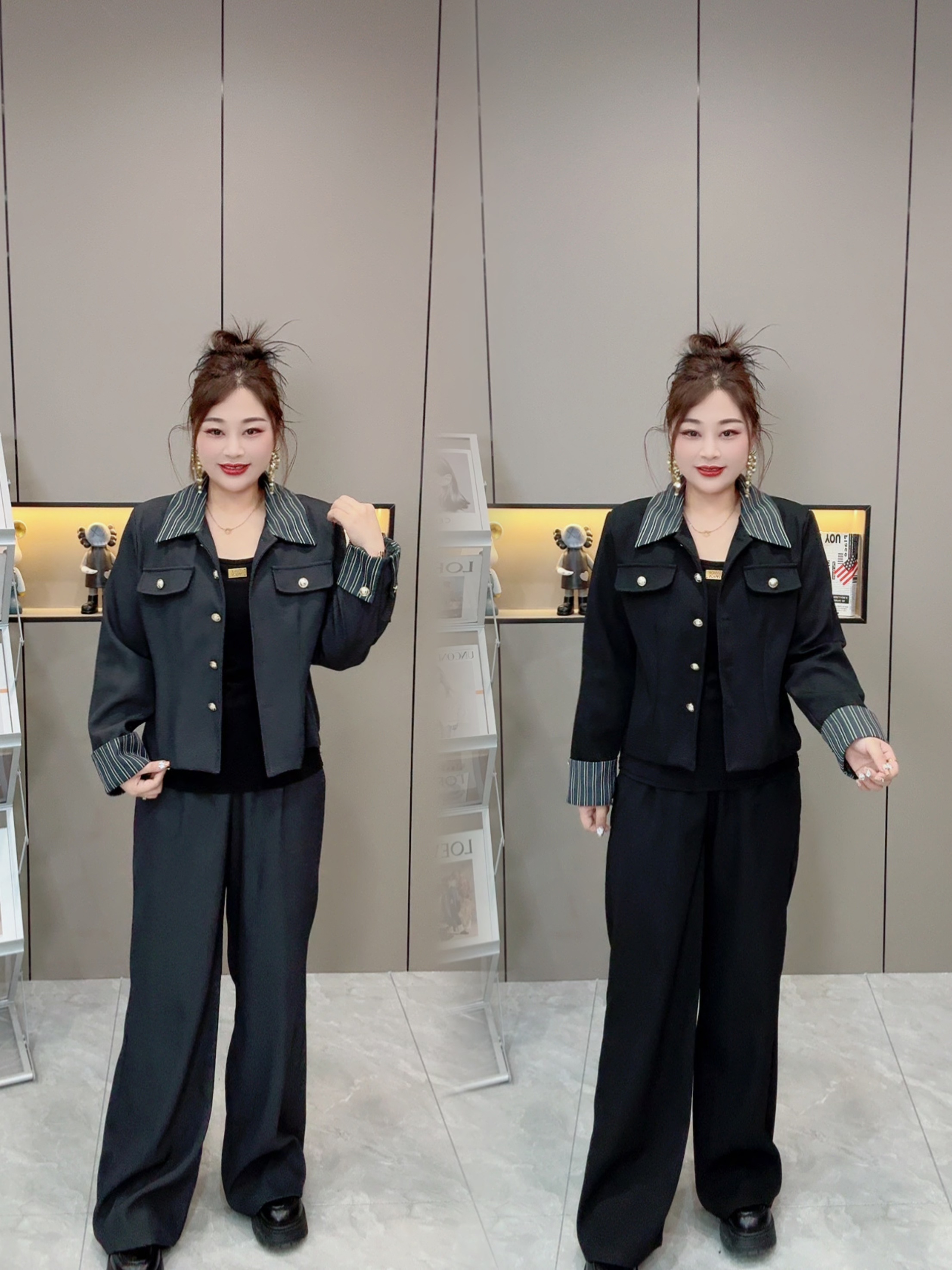 【两件套】高定高品条纹衬衫领显瘦西服大码女装套装 西服➕裤子