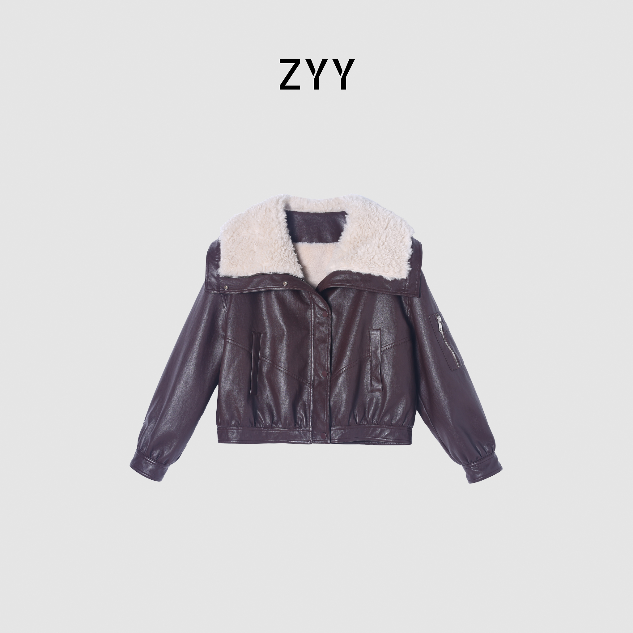 ZYY【雪松林语】2025S/S新品羊羔毛拼皮暗红色冬季厚款X25DDWT04881