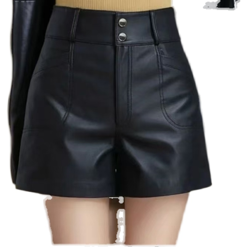 【品牌订单】外穿皮短裤女大码春秋新款显瘦高腰宽松纯皮阔腿裤