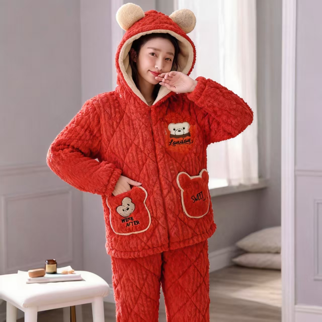 冬季夹棉翻领纯色字母睡衣家居服套装秋冬加绒卡通