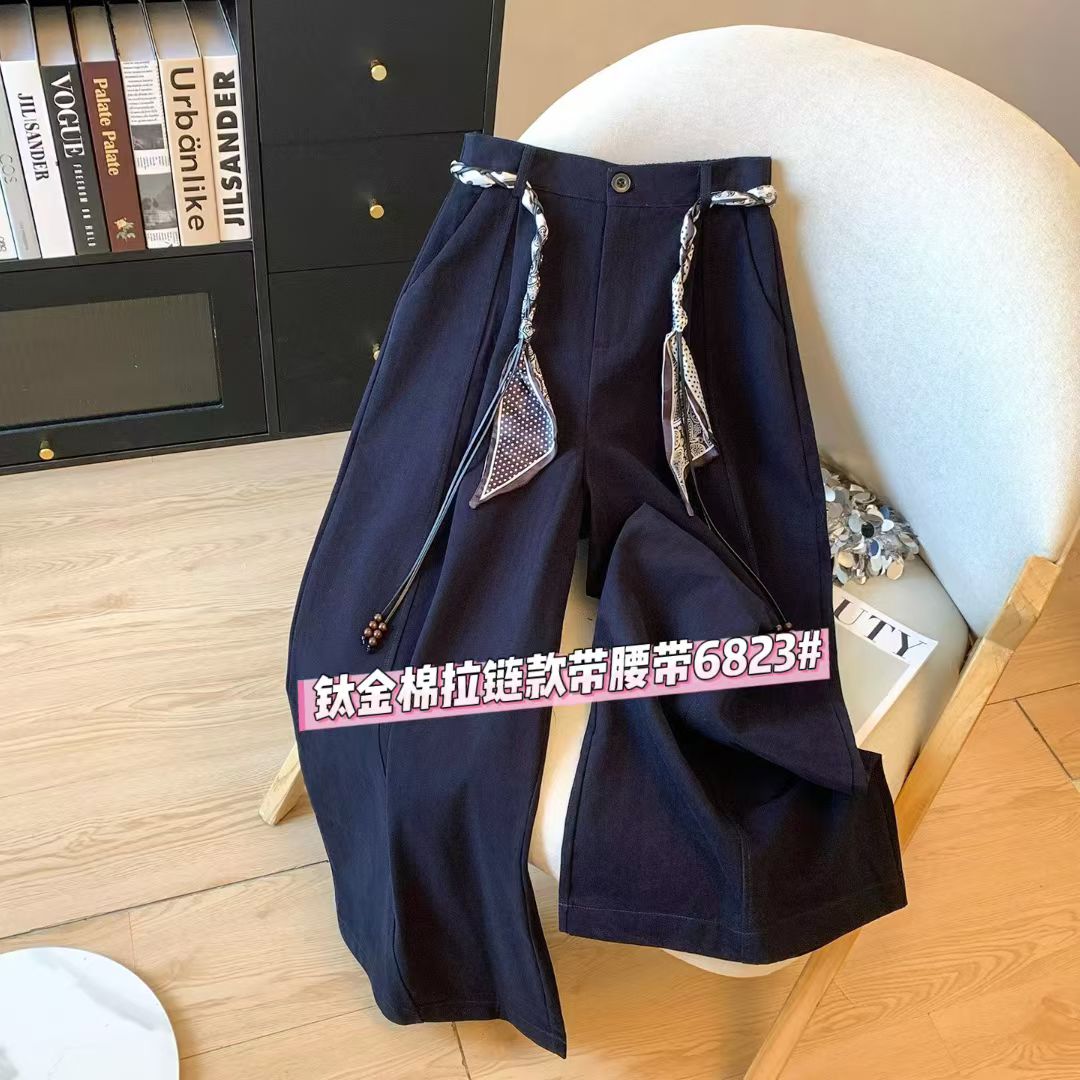 早秋印花编织丝带高腰简约压褶阔腿休闲长裤