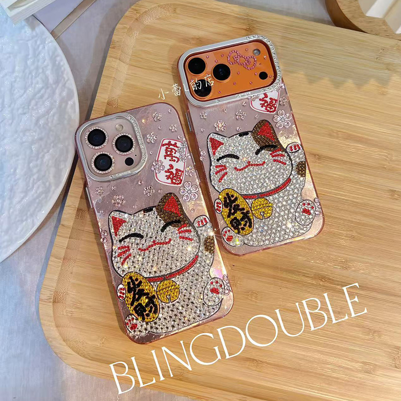 万福招财猫水钻招财猫手机壳15适用16pro苹果17promax防摔可爱ins