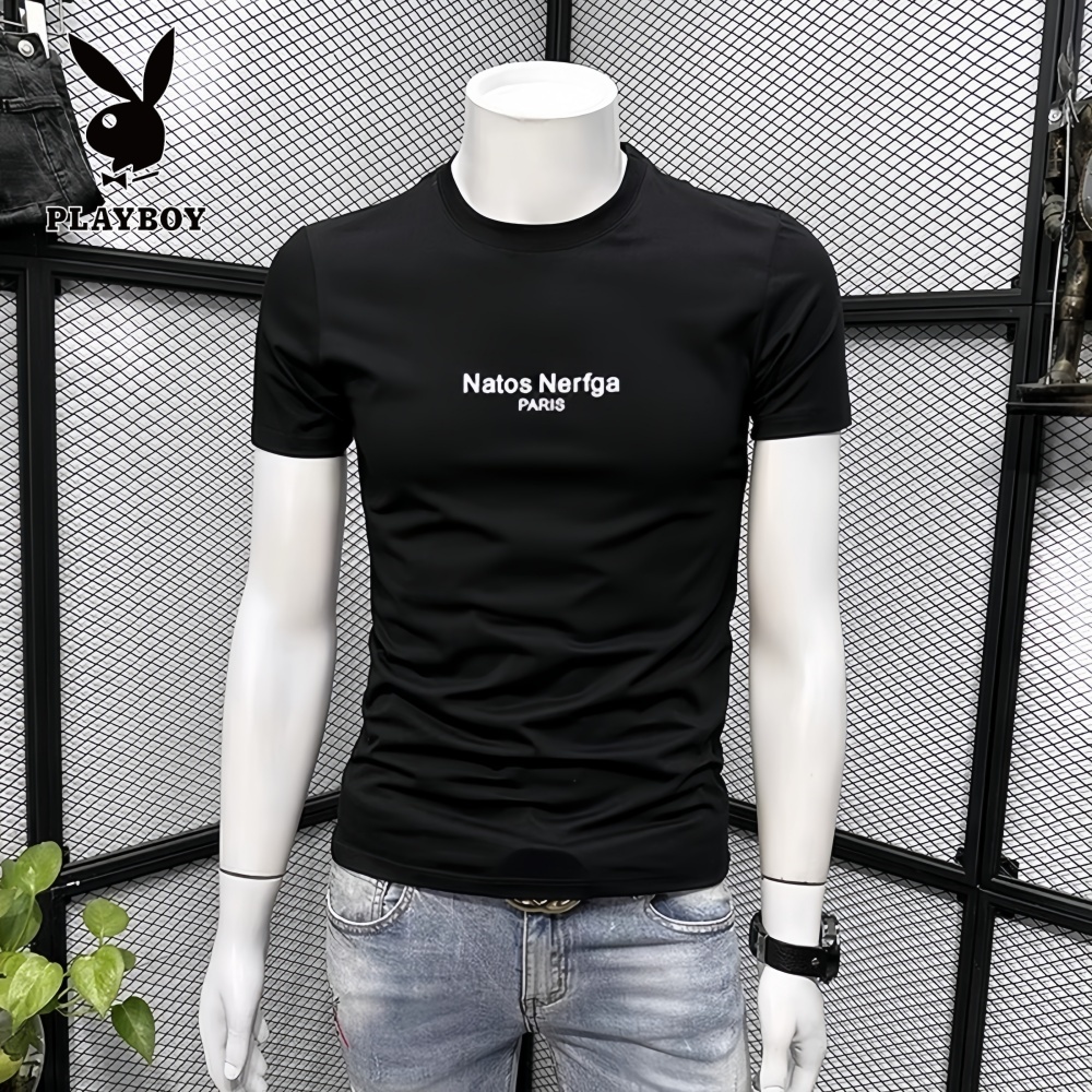 PLAYBOY/花花公子青年男士短袖t恤夏季潮牌简约字母印花休闲上衣