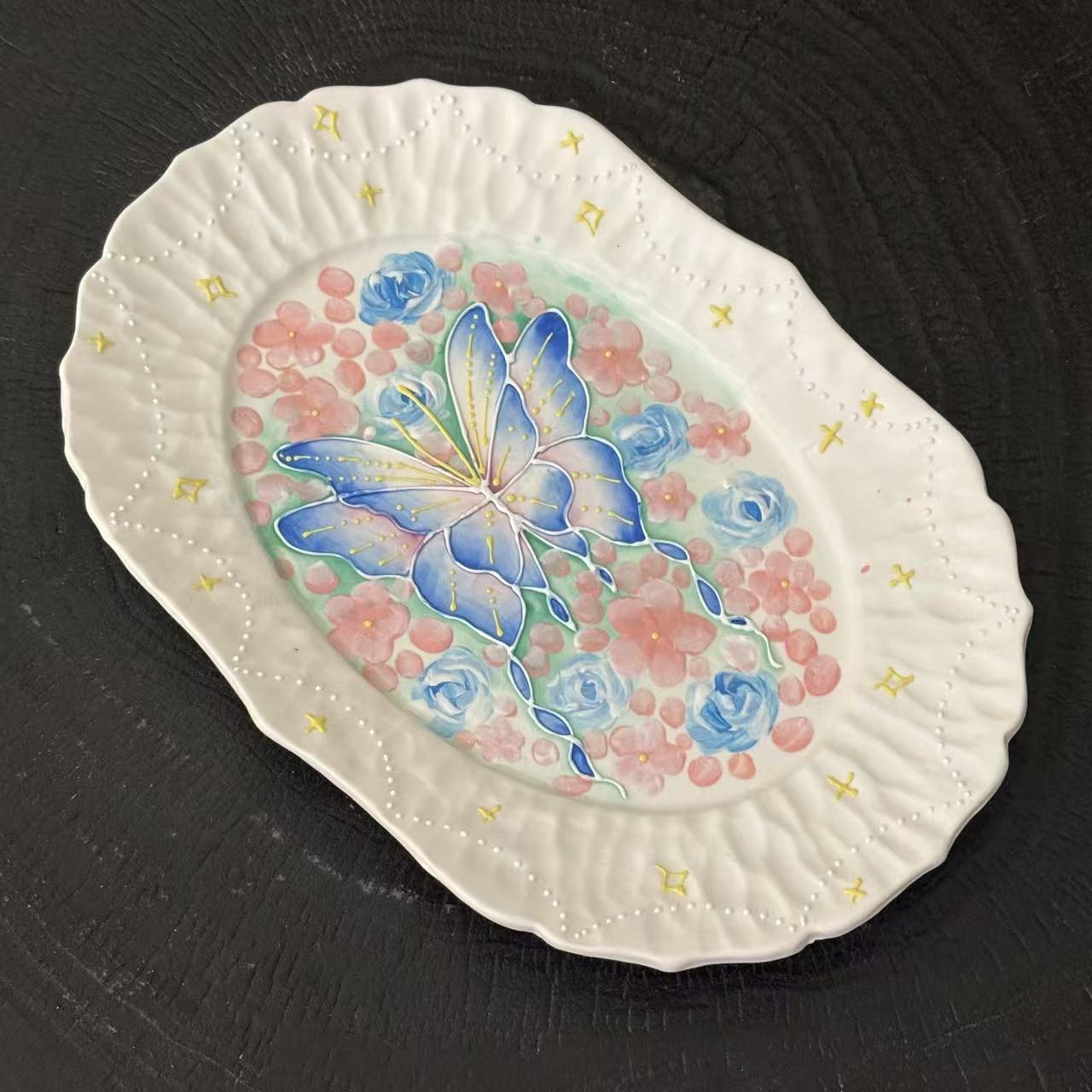 594手工手绘蝴蝶大盘子