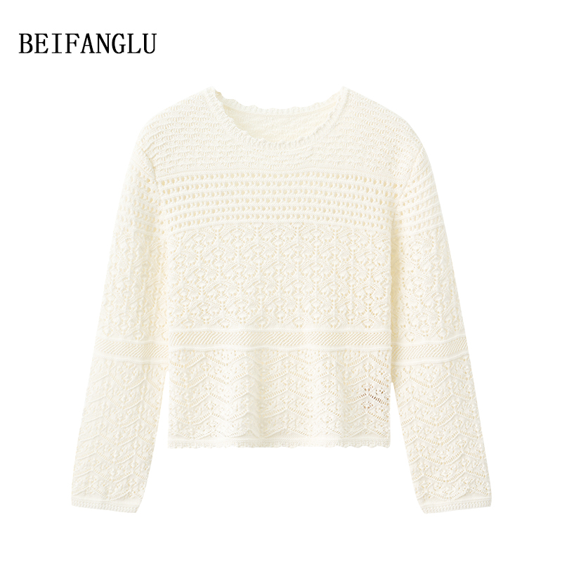 北方鹿 棉+三醋酯初秋法式气质镂空套头针织衫女251016