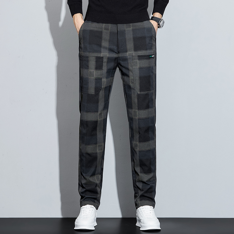 秋冬新款休闲裤男士百搭宽松弹力六兜格纹直筒裤男款大码格子裤子
