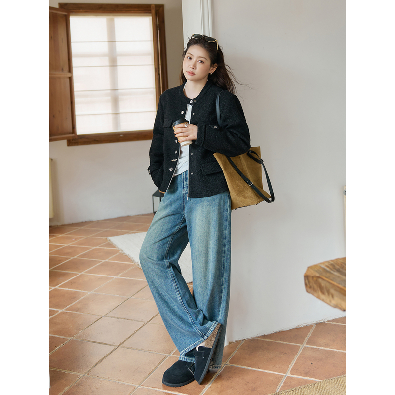 ALINDM【失序海街】大码微胖mm半松紧运动抽绳阔腿牛仔裤-J0355