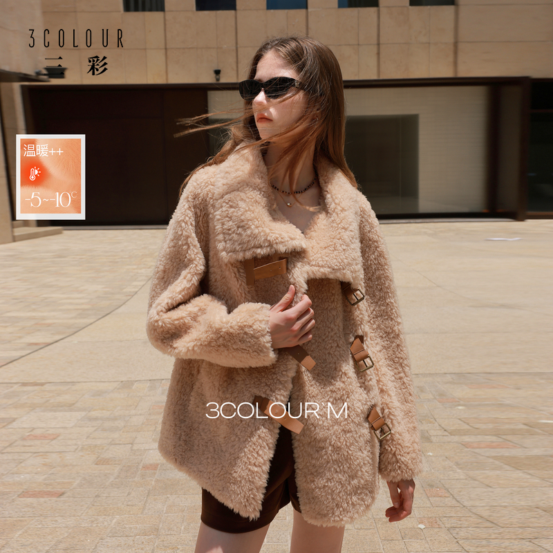 三彩2025冬季新款绵羊毛复合皮草翻领毛毛外套宽松泰迪仿皮草M