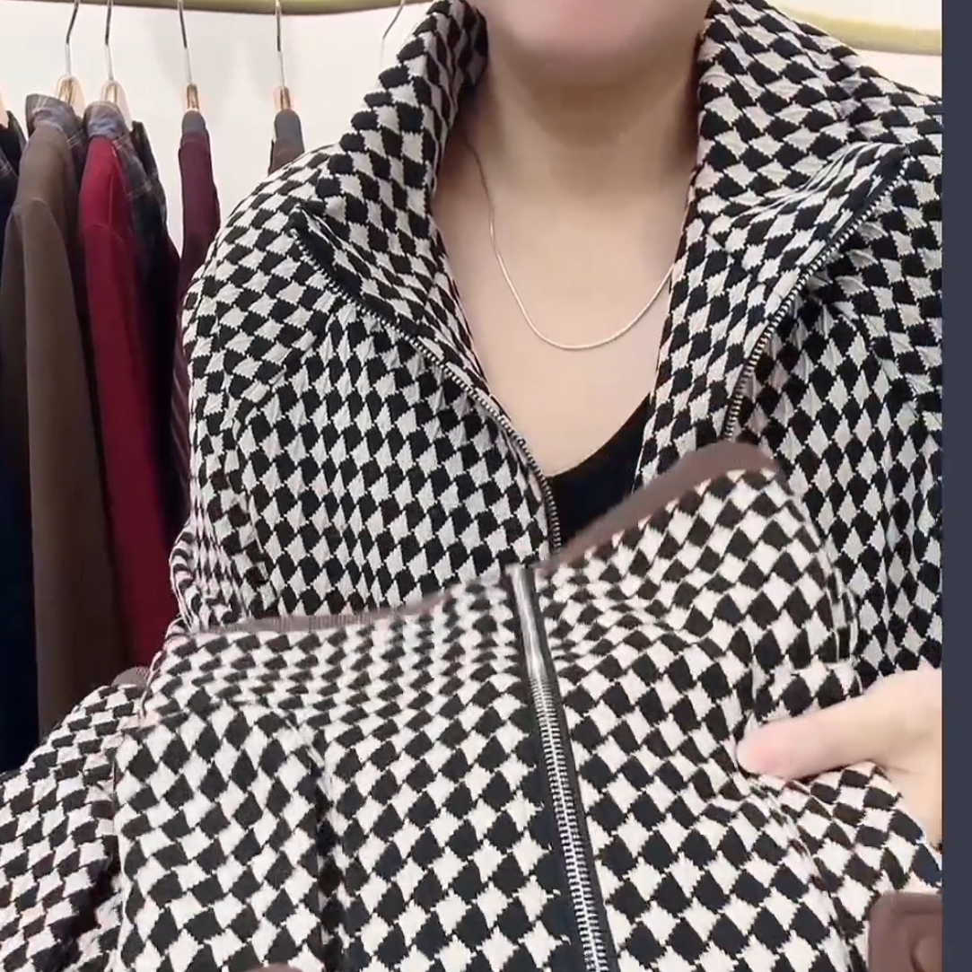 立领常规款格子女中长款短外套女士外套时尚女装黑白