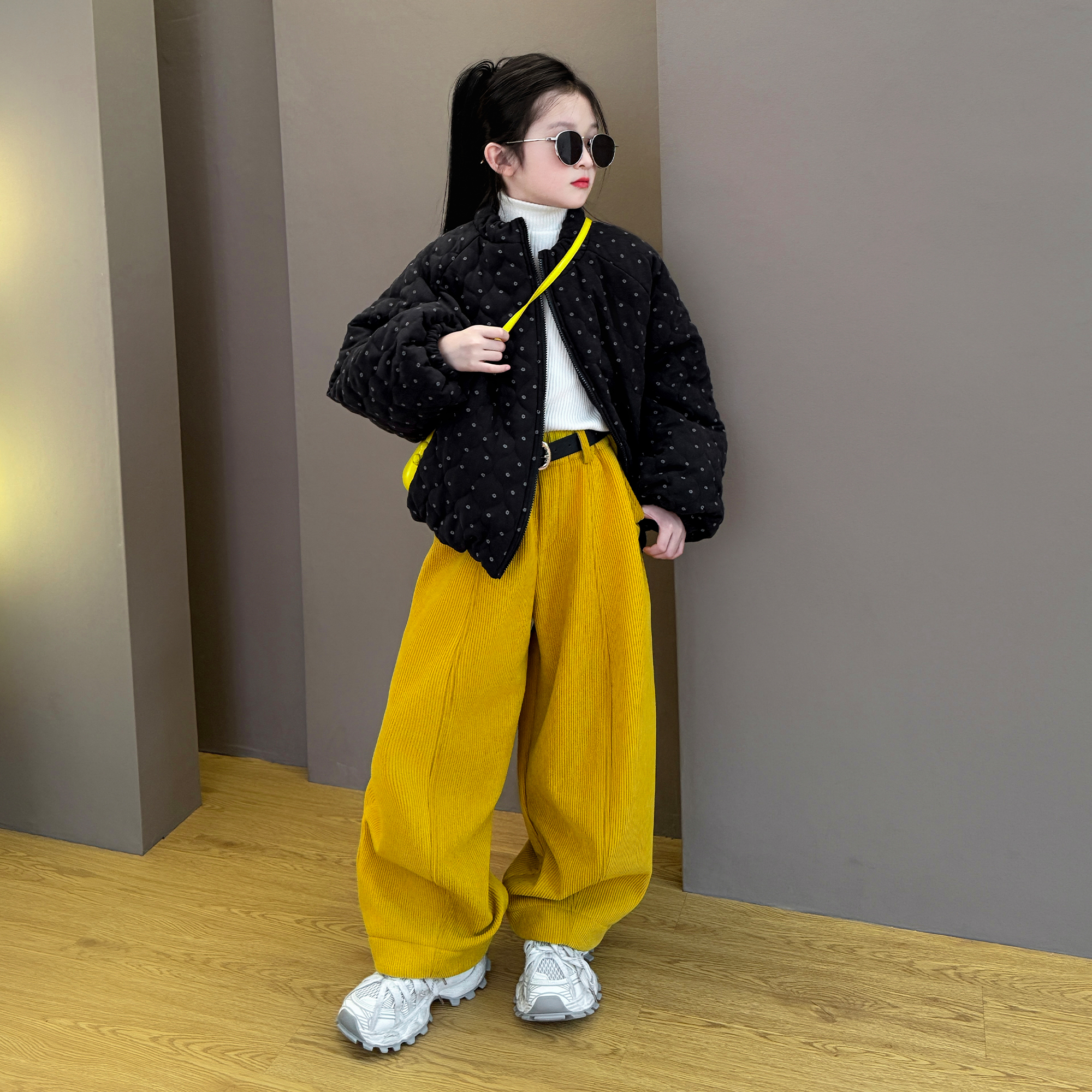 女童2025新款儿童秋冬季韩版波点棉服外套加绒阔腿百搭休闲裤套装