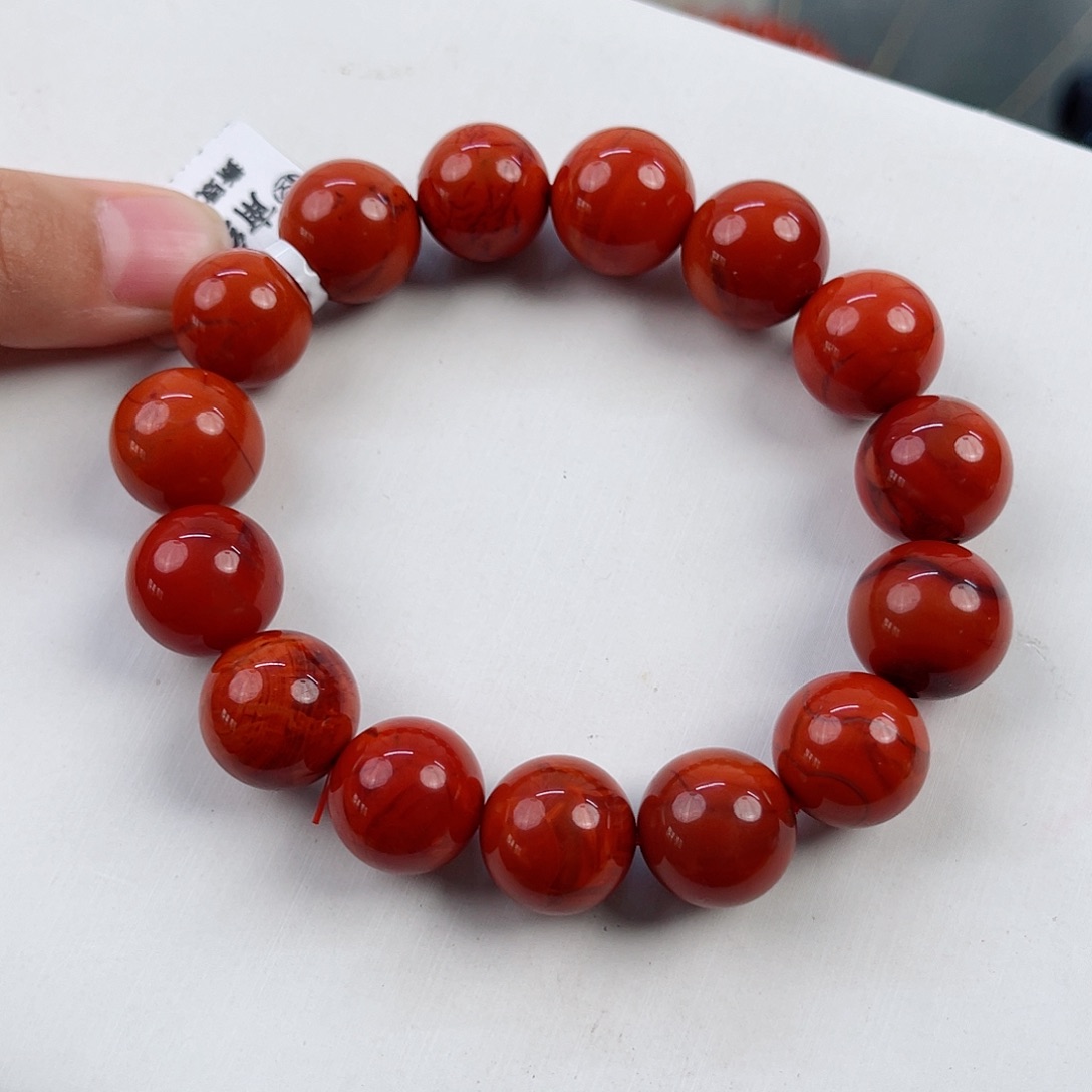 紫***空南红玛瑙瓦西牛血红双色圆珠单圈14mm未镶嵌