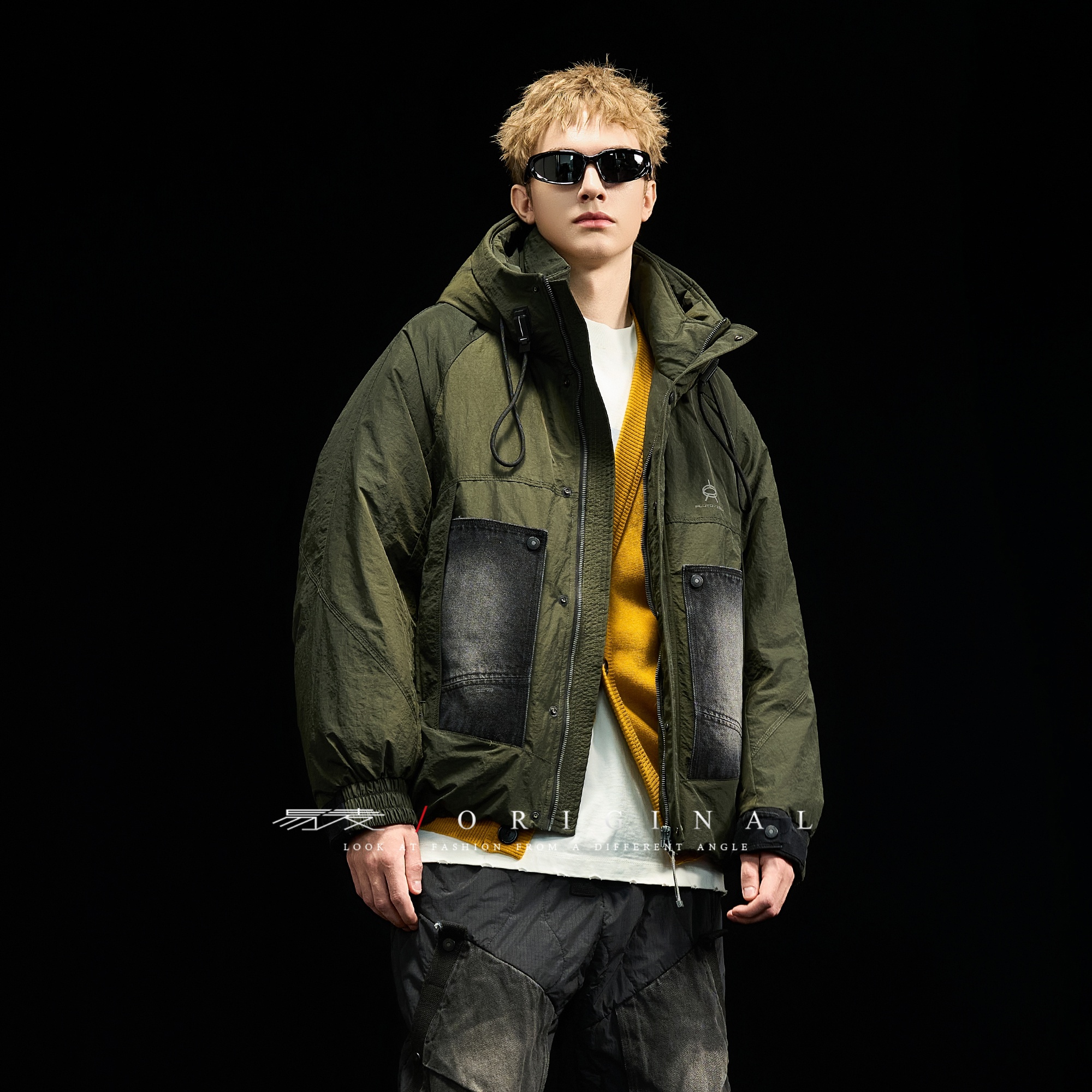 易麦牛仔拼接短款白鸭绒羽绒服美式潮牌男女同款