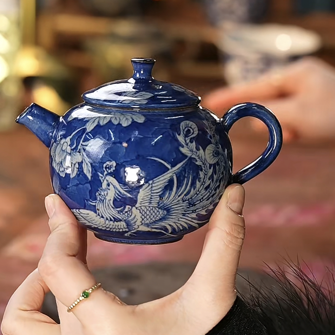 【近山古美】牡丹凤凰西施壶手工手绘釉下彩高温瓷