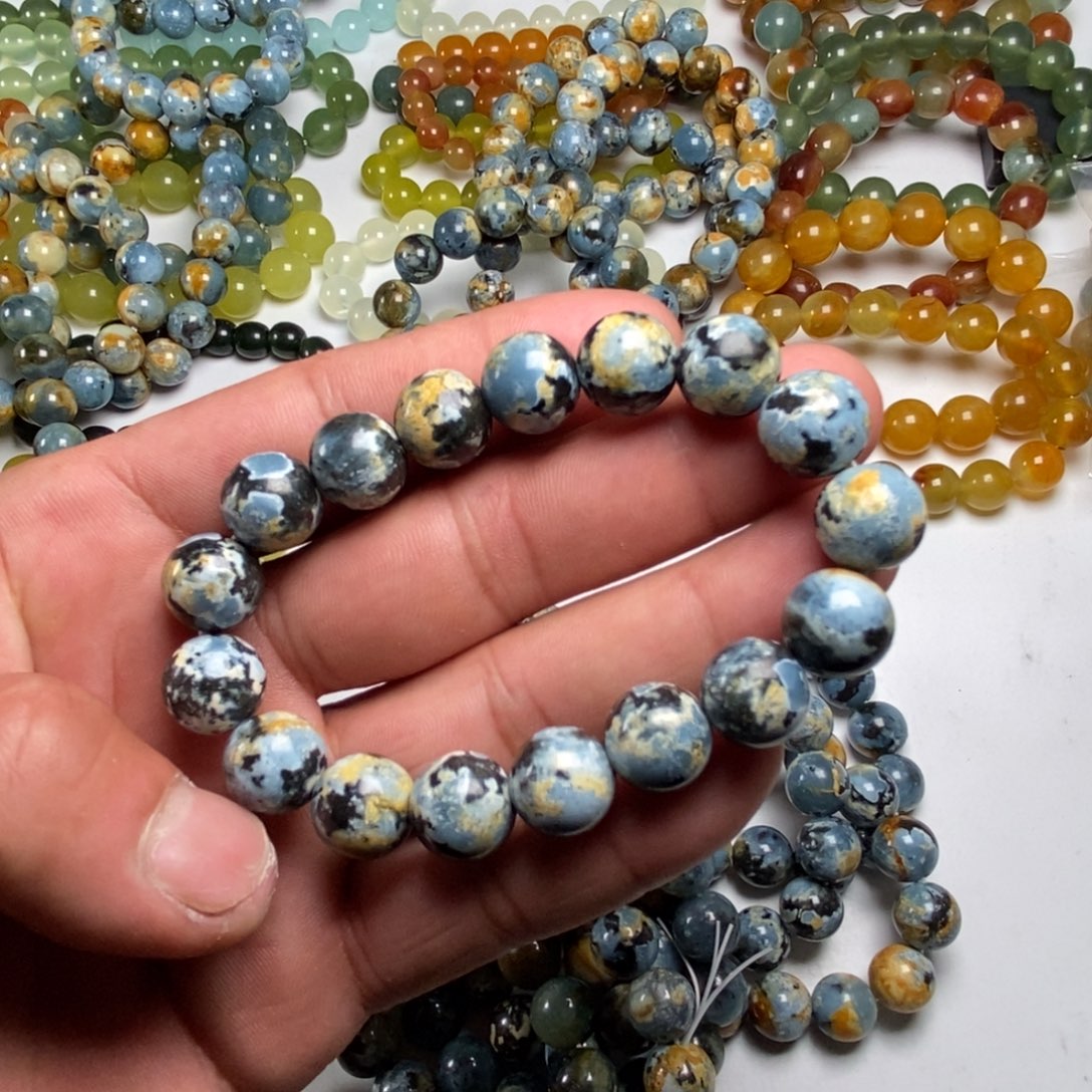 蛇纹石玉手链未镶嵌花*蛛地球蓝卡12