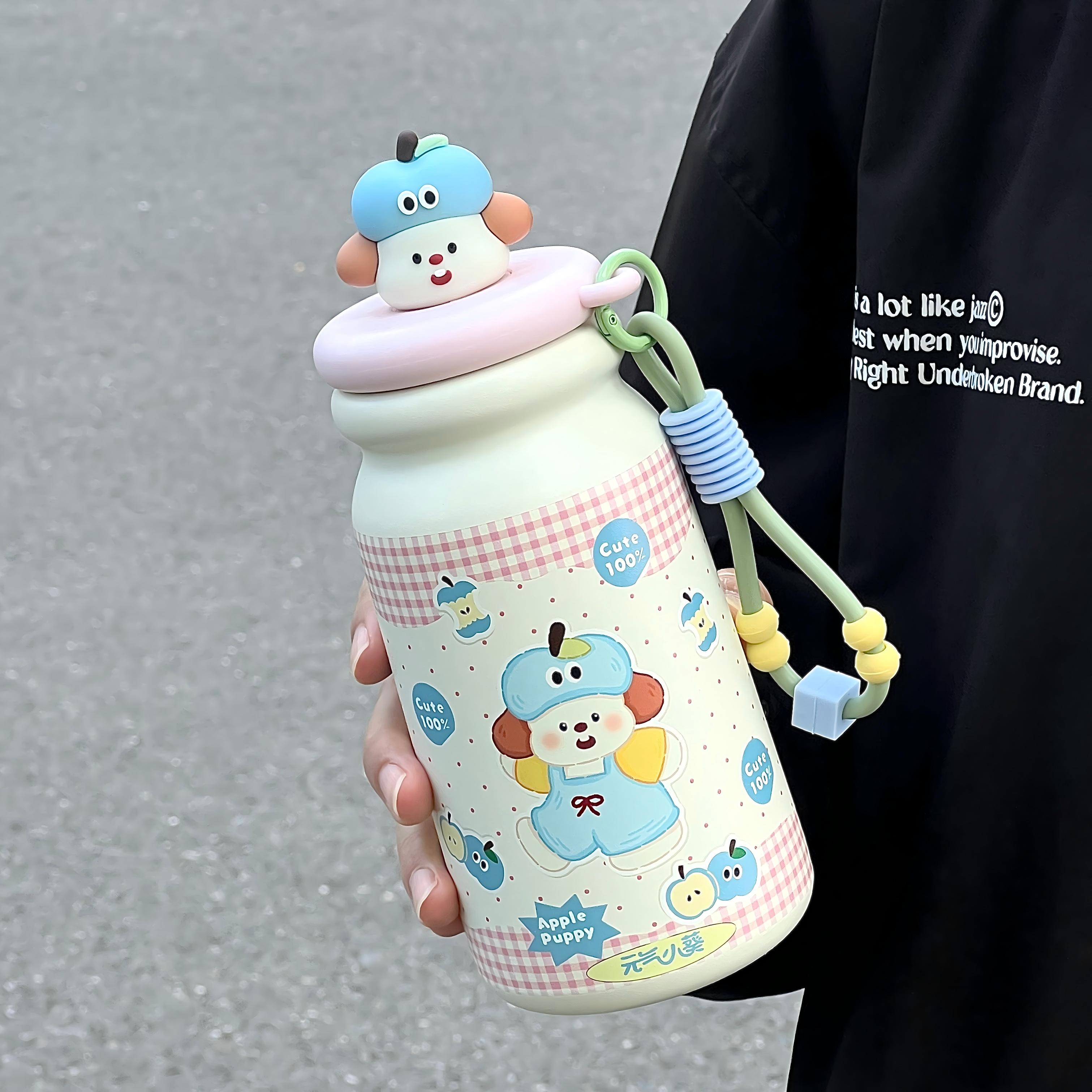 苹果小狗保温杯大容量316不锈钢水杯带吸管学生可爱杯子茶水分离