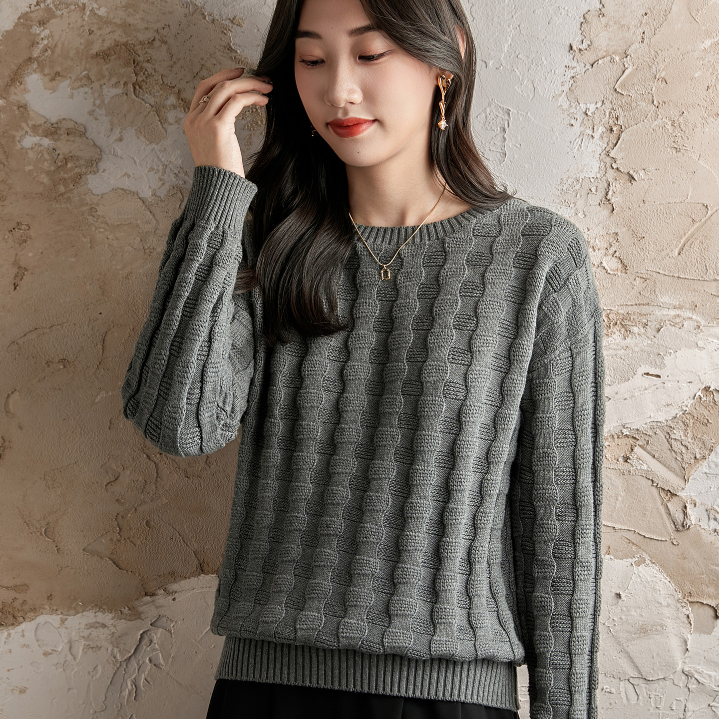 秋冬毛衣女100%纯棉线针织衫圆领长袖加厚宽松显瘦百搭打底上衣