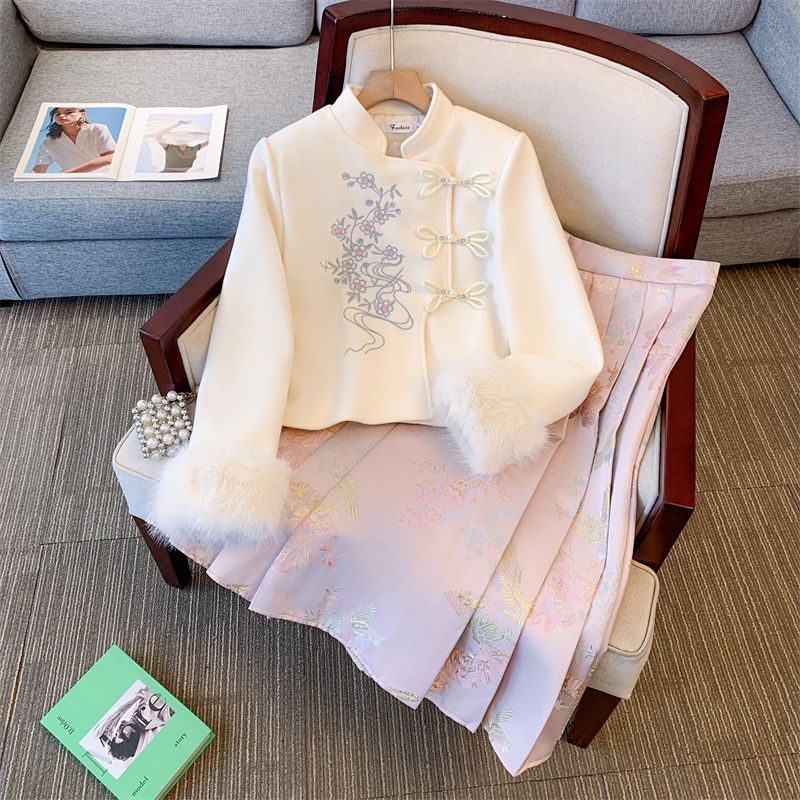 C-6315大码冬季新款新中式盘扣毛呢上衣+显瘦马面裙套装