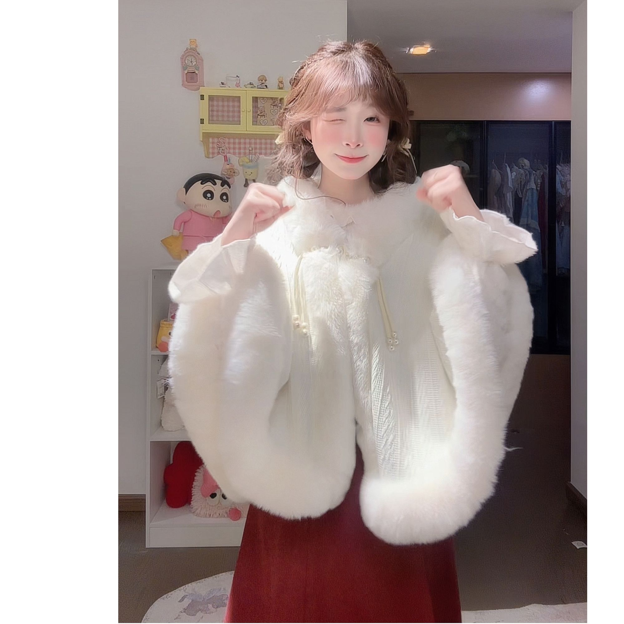 【冬铃雪落】新年绑带拼接斜纹磨毛酒红色斗篷+背带裙加厚套装