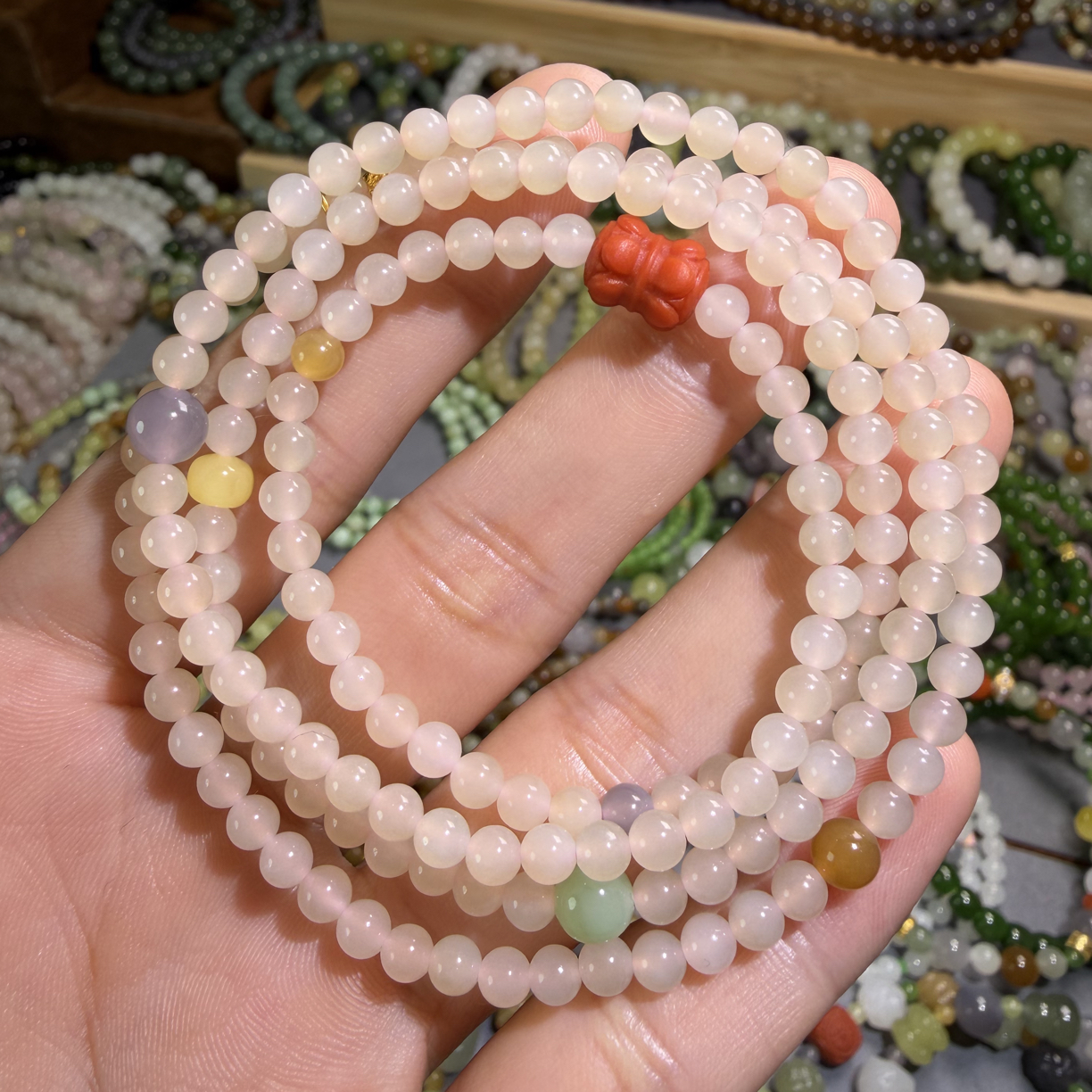 和田玉藕粉手链4mm四圈款精致项链颜色干净浓郁时尚百搭设计款