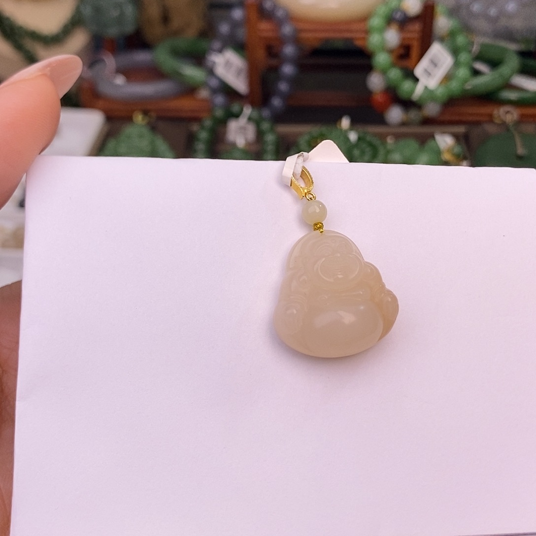 和田玉熟藕粉佛公吊坠清货价未镶嵌