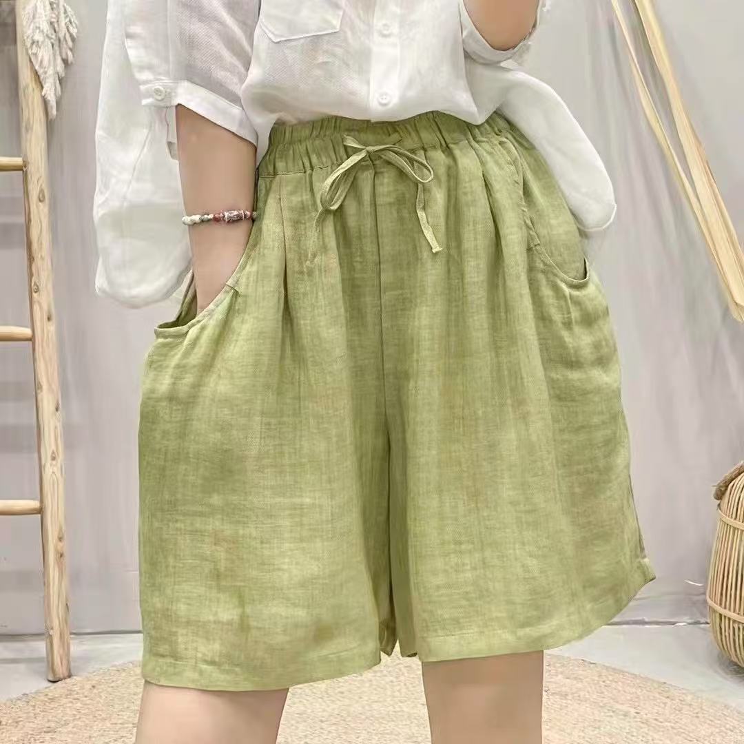 羊范文艺范简约松紧腰纯色百搭短裤女宽松百搭苎麻薄款抽绳五分裤