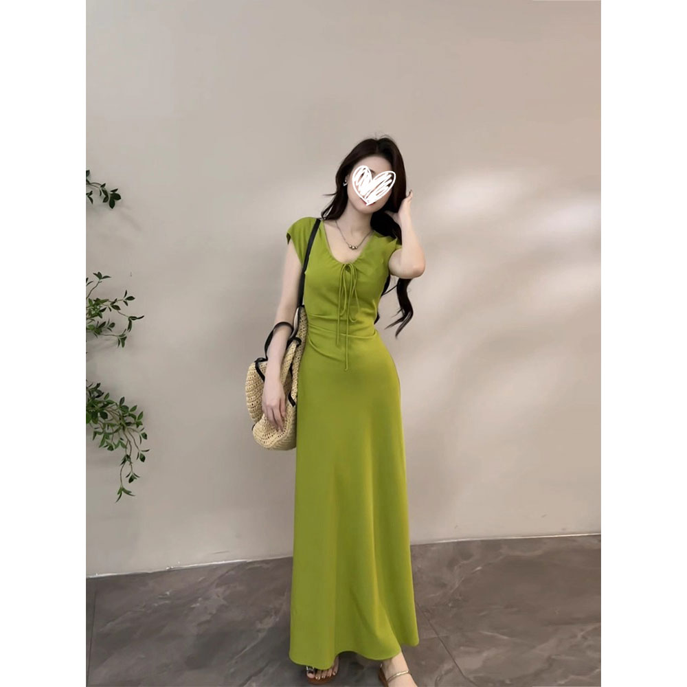 【季夏之声】绿色显白法式V领绑带褶皱修身连衣裙女遮肉气质长裙