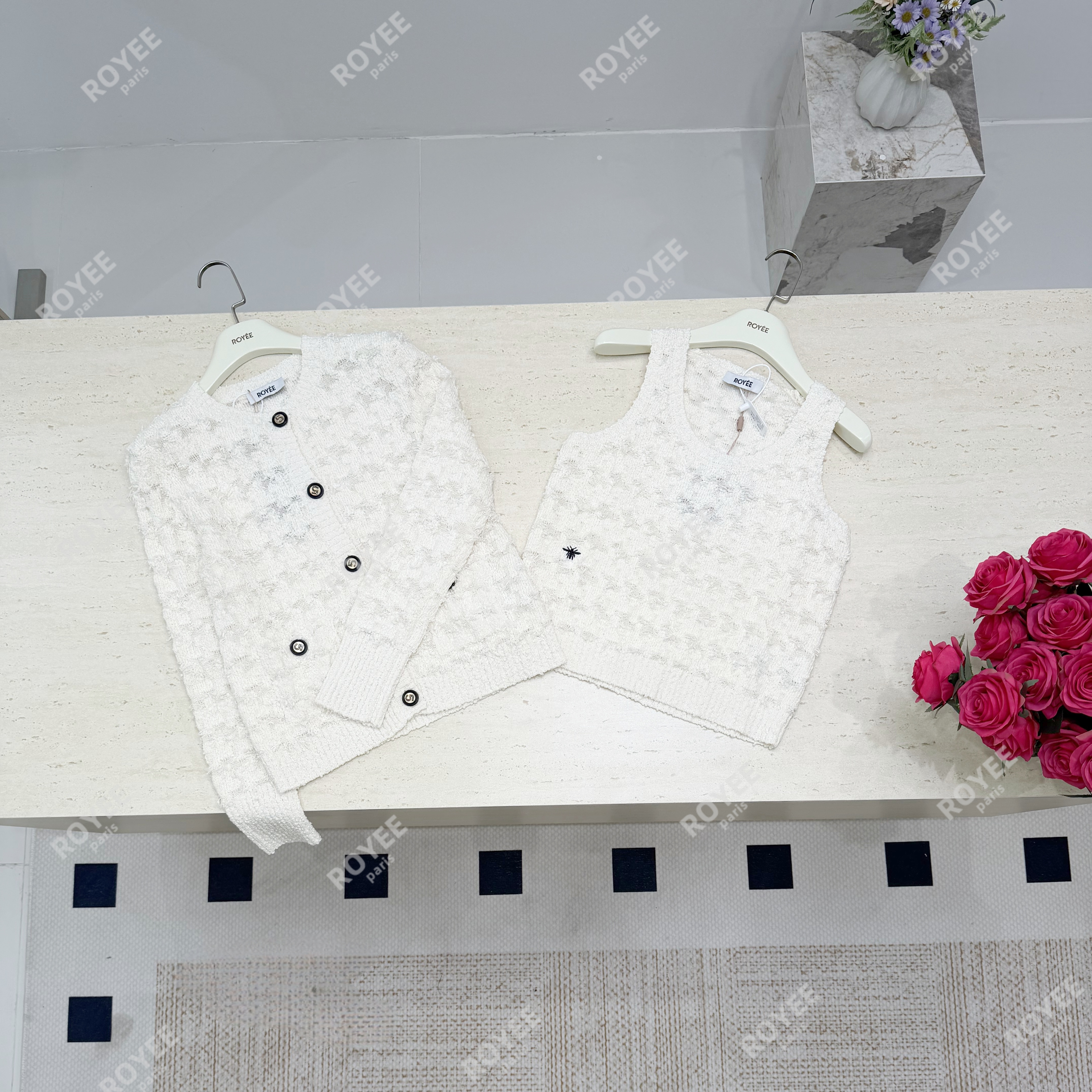 【栀子慕斯】小香风流苏千鸟格镂空针织外套吊带背心两件套RY1536